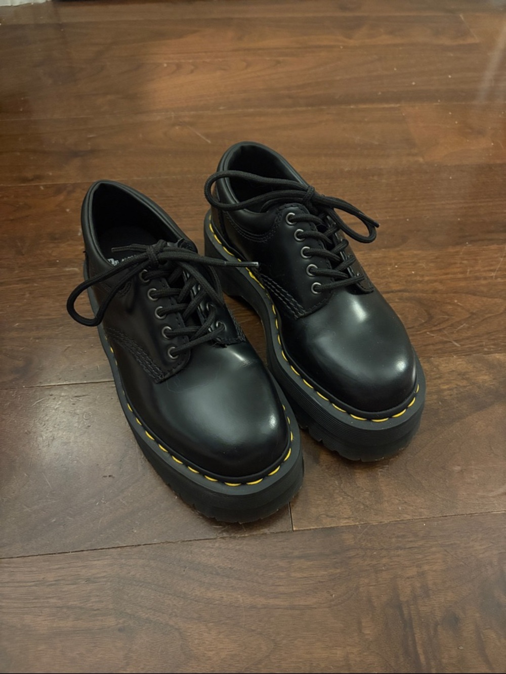 Dr. Martens Black Leather Platform Oxford with Yellow Stitching